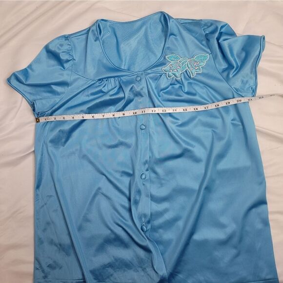VINTAGE 80s pajama set teal embroidered floral short sleeve nylon lightweight L - Picture 8 of 9